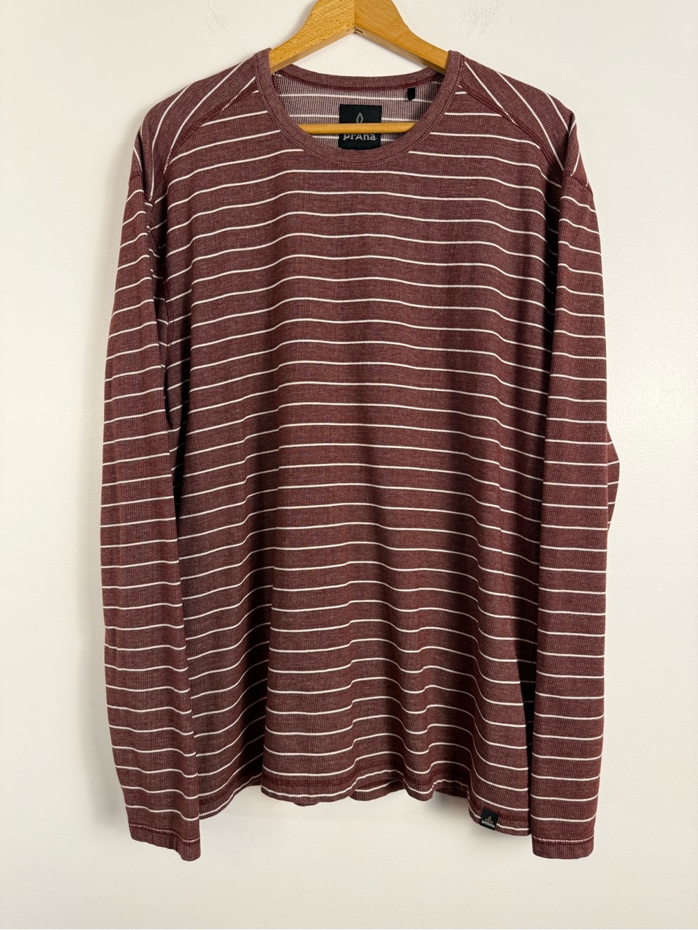 Prana Men's Long-Sleeve Striped Crew in Burgundy and White